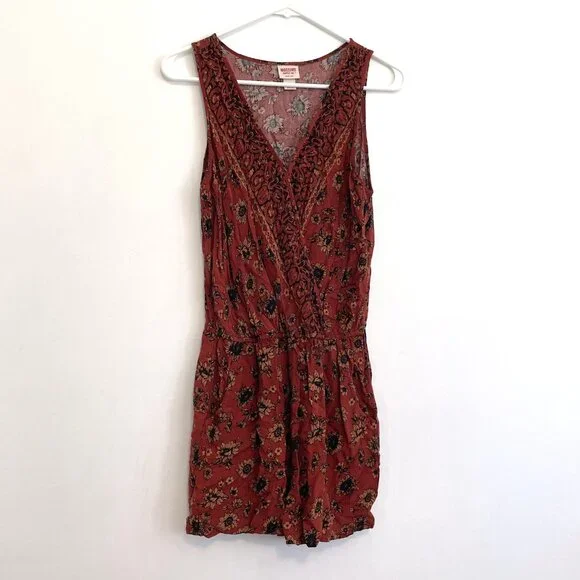 MOSSIMO SUPPLY CO Rust Red Burnt Orange Floral Sunflower Boho Sleeveless Romper - Picture 2 of 16